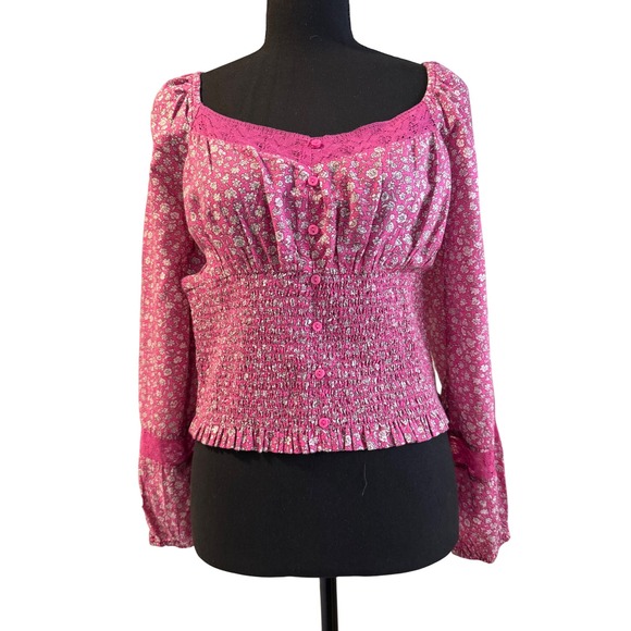 AE  Women M Smocked Lace Cotton Milkmaid Top Cottage Peasant Barbie Festival Y2K - Picture 5 of 9